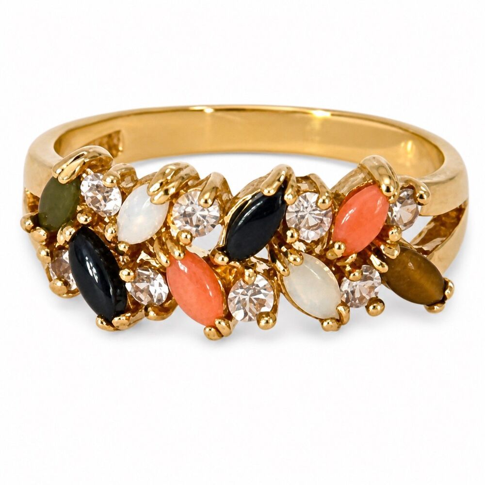 Vintage 1970s Ring Size 5 Opal Onyx Jade Tiger Eye Coral Band Gold Plate - 14M